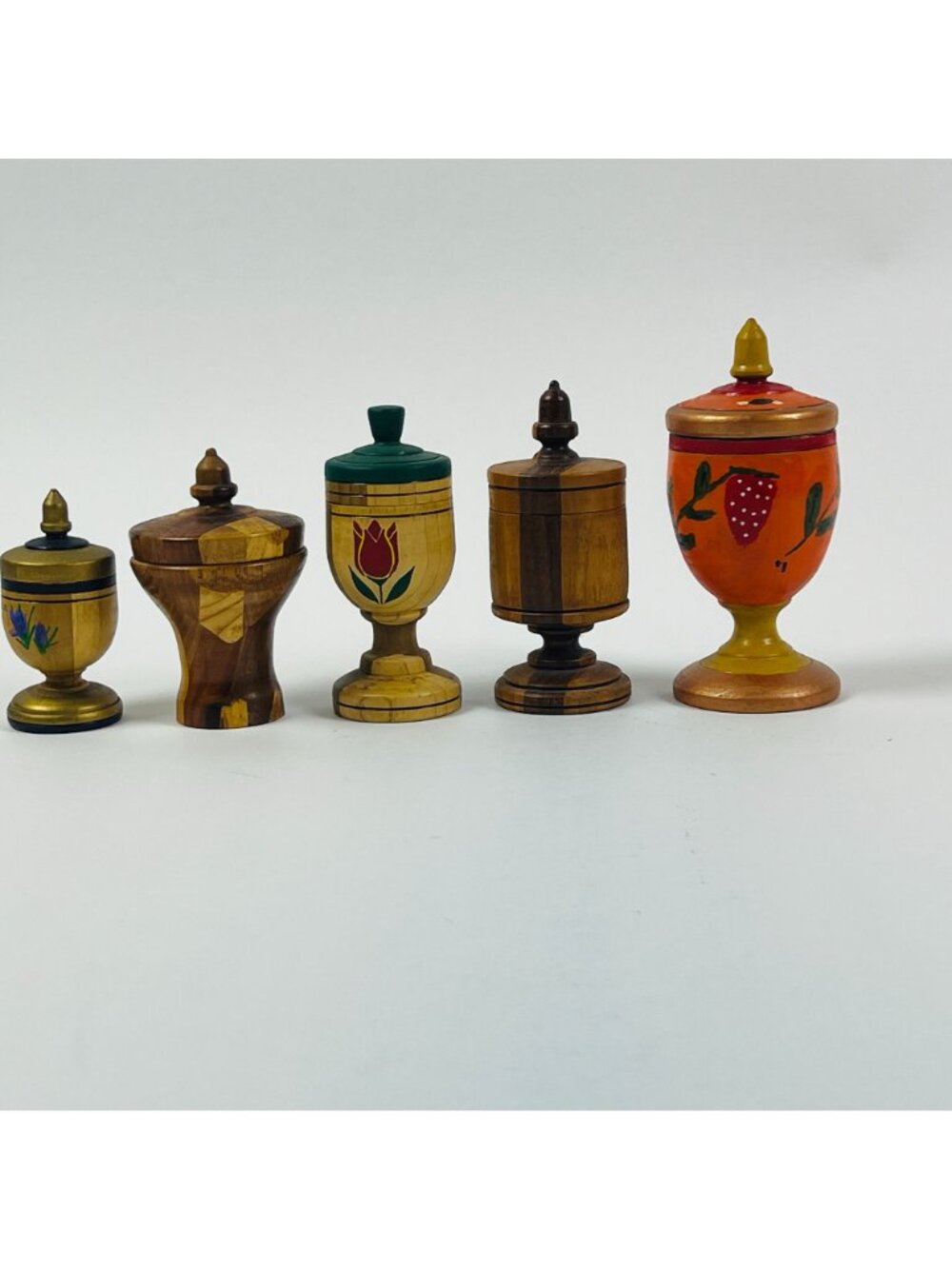 Vintage Handmade Wooden Lidded Urn Containers Set of 5 Hand Painted Floral Decor - Picture 2 of 10